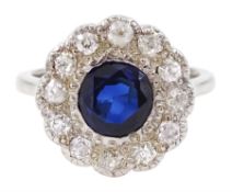 White gold round cut synthetic sapphire and old cut diamond cluster ring
