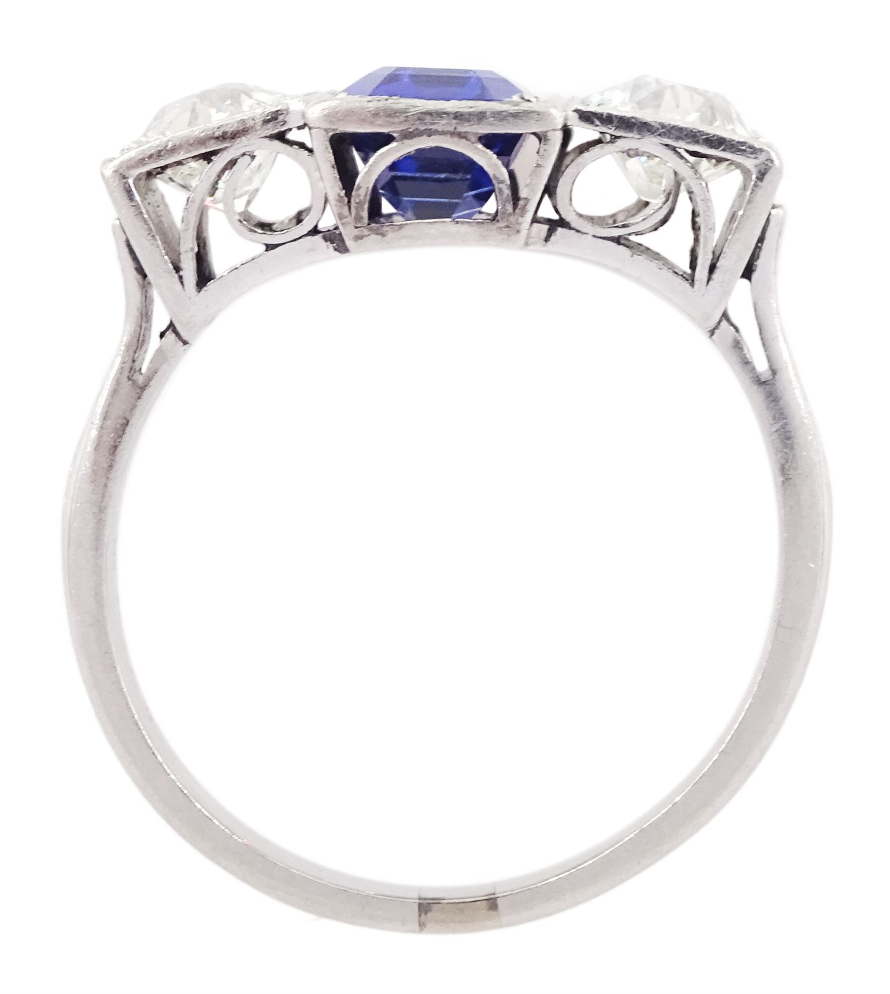 Platinum milgrain set three stone octagonal cut sapphire and old cut diamond ring - Image 4 of 4