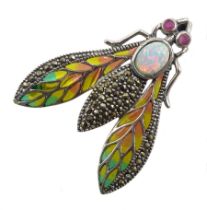 Silver plique-a-jour opal and marcasite moth pendant/brooch