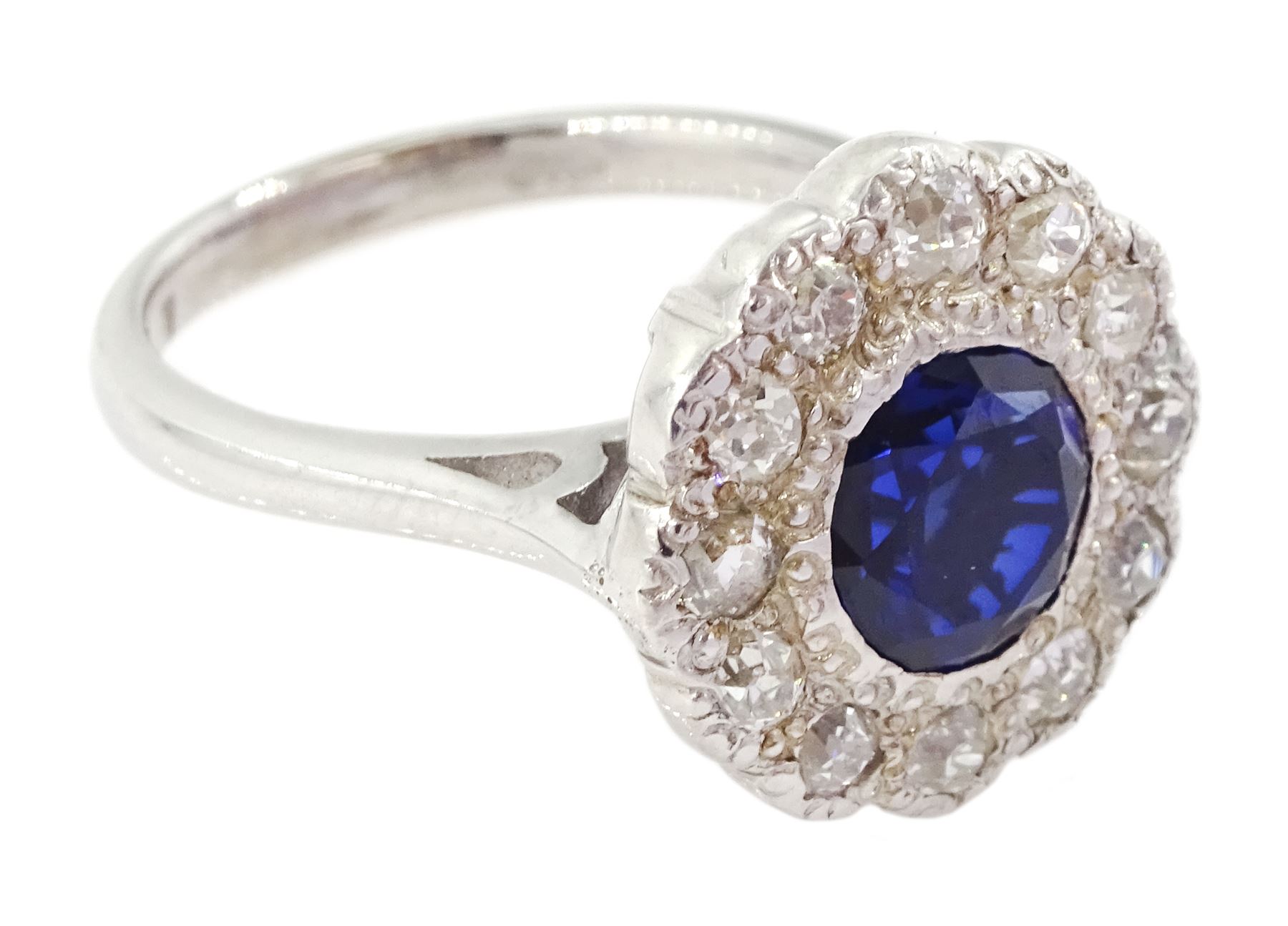 White gold round cut synthetic sapphire and old cut diamond cluster ring - Image 3 of 4