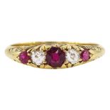 Edwardian 18ct gold five stone ruby and diamond ring