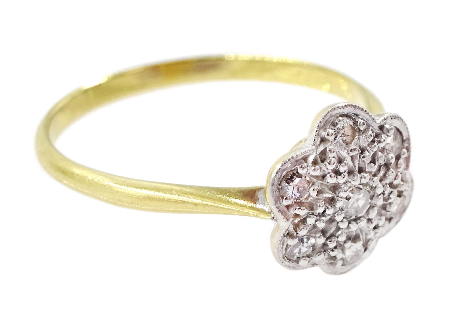 Early 20th century gold milgrain set single cut diamond flower head cluster ring - Bild 3 aus 4