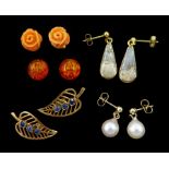 Five pairs of 9ct gold stud earrings including agate