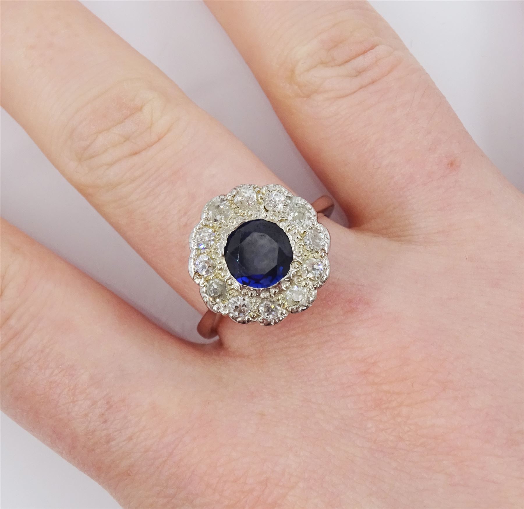 White gold round cut synthetic sapphire and old cut diamond cluster ring - Image 2 of 4