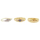 Three Victorian and later 18ct gold rings including five stone diamond rubover set
