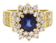 18ct gold octagonal cut sapphire and round brilliant cut diamond cluster ring