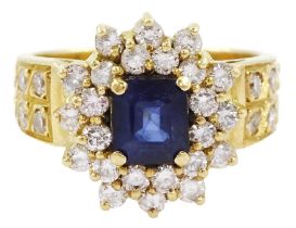 18ct gold octagonal cut sapphire and round brilliant cut diamond cluster ring
