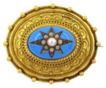 Victorian gold and silver turquoise enamel seed pearl brooch