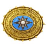 Victorian gold and silver turquoise enamel seed pearl brooch