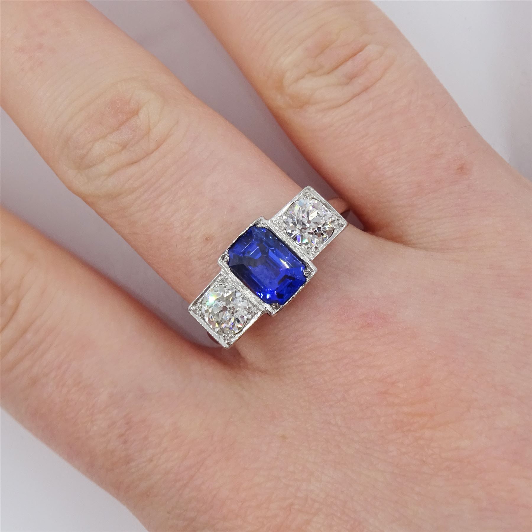 Platinum milgrain set three stone octagonal cut sapphire and old cut diamond ring - Image 2 of 4