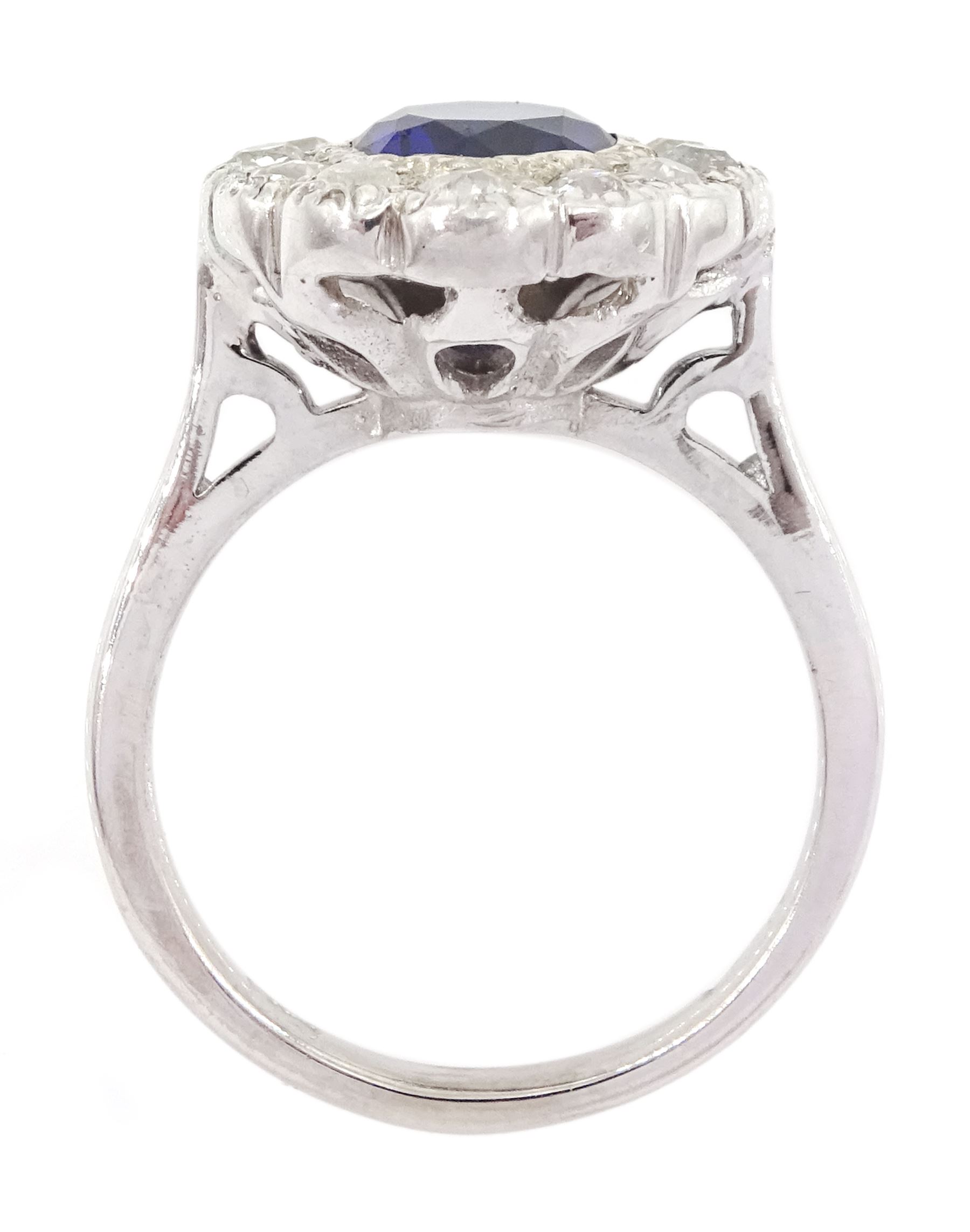 White gold round cut synthetic sapphire and old cut diamond cluster ring - Image 4 of 4
