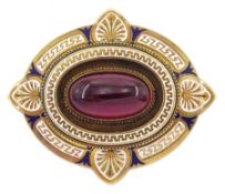 Victorian 15ct gold garnet and enamel pendant / brooch