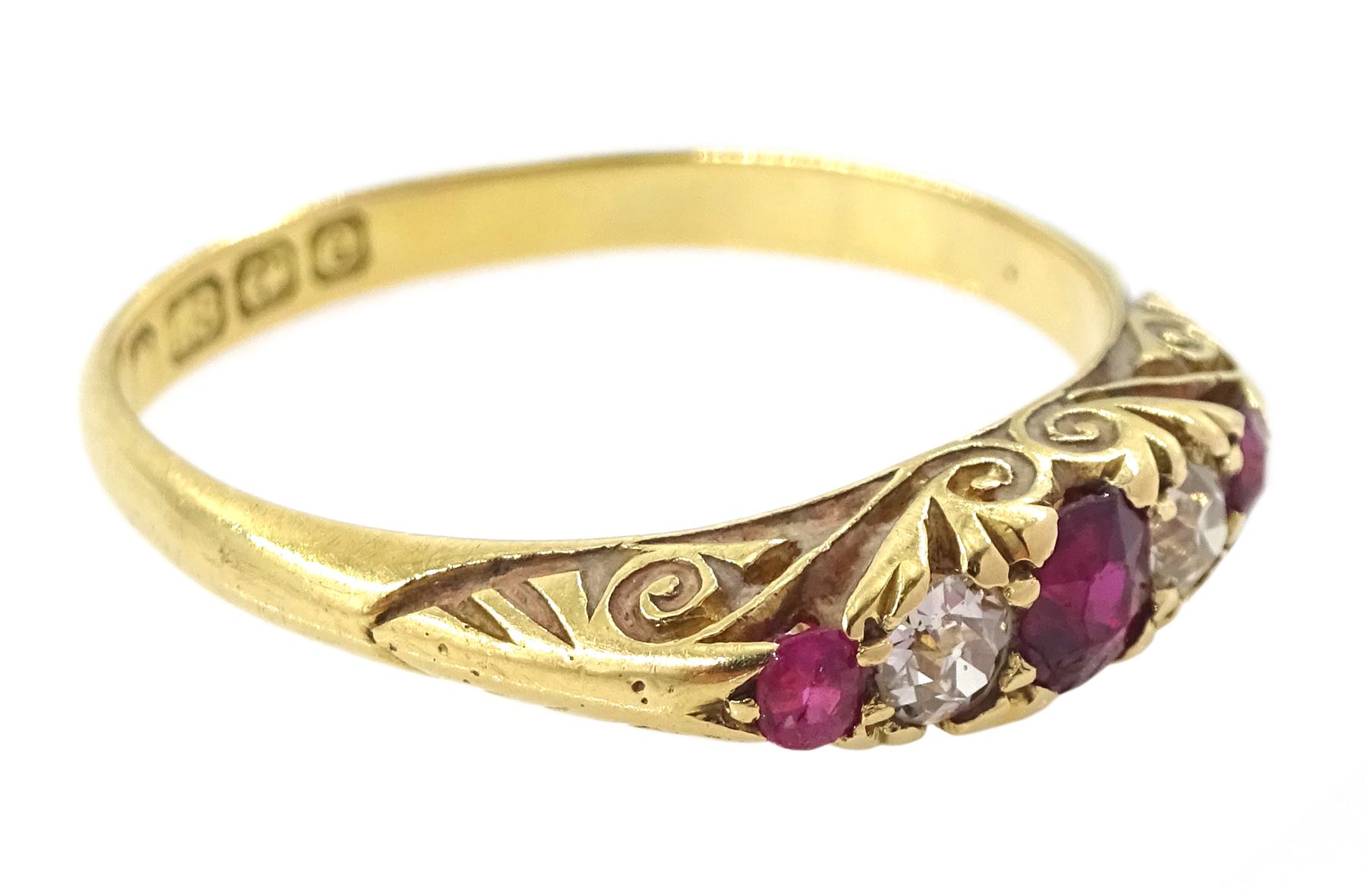 Edwardian 18ct gold five stone ruby and diamond ring - Bild 3 aus 4