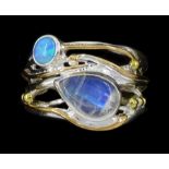 Silver and 14ct gold wire moonstone and opal ring