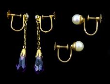 Pair of early 20th century 9ct gold briolette cut amethyst and seed pearl pendant earrings and a pai