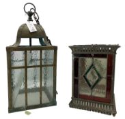 Brass hall lantern with glass panels H62cm and another with leaded and coloured glass panels (2)