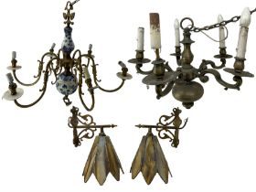 Brass and Delft six light electrolier