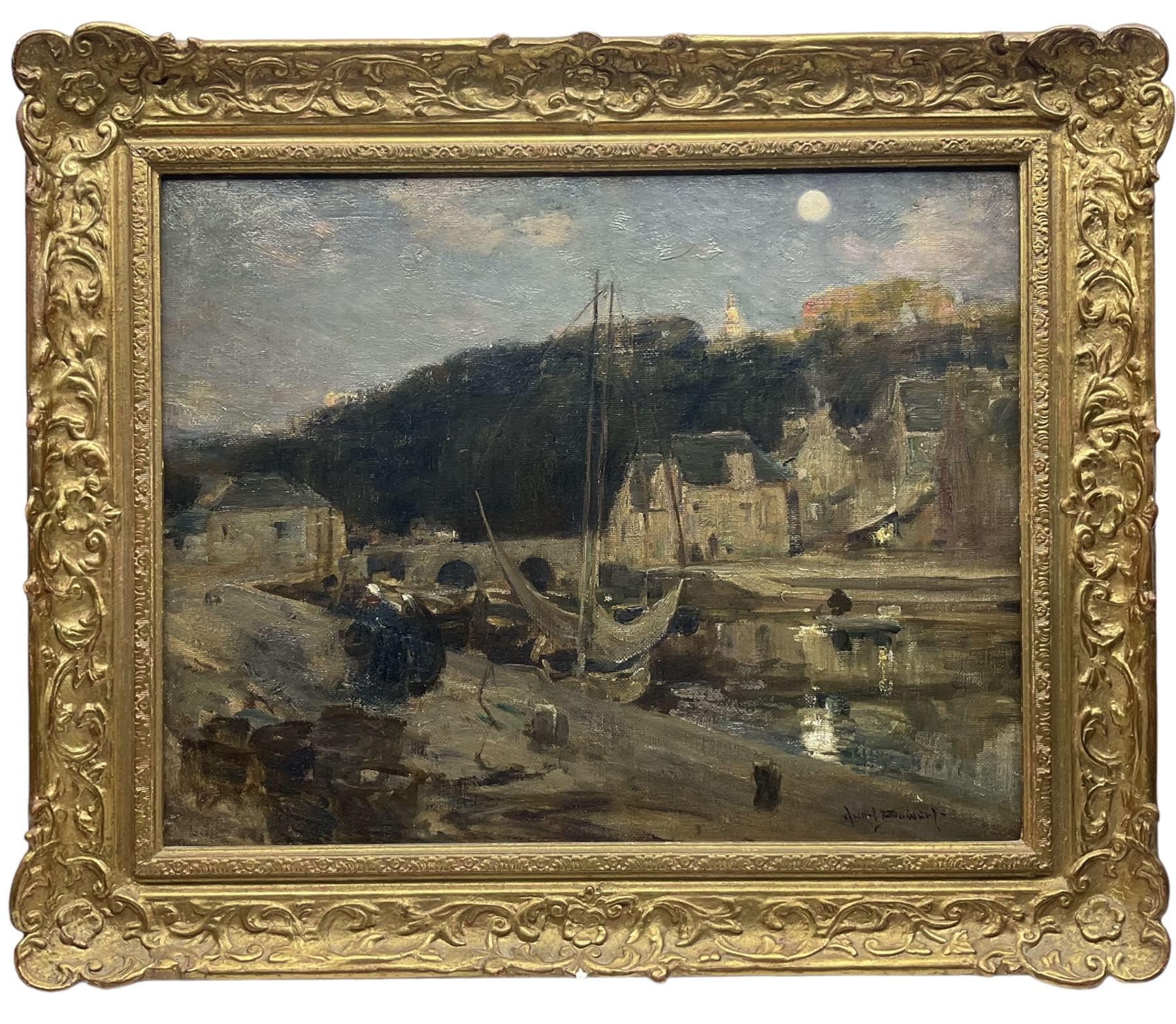 Owen Bowen (Staithes Group 1873-1967): 'Dinan Brittany' - Fishing Village at Moonlight - Image 2 of 3