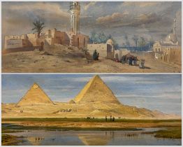 Attrib. Frank Dillon RA (British 1823-1909): Egypt - The Pyramids of Giza and Mosque