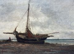Louis Faudacq (French 1840-1917): Beached Ship with Figure