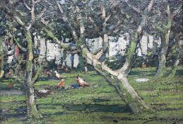 Kershaw Schofield (British 1872-1941): Chickens Feeding Amongst Trees