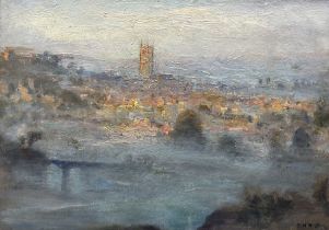 Herbert F Royle (British 1870-1958): 'Ludlow Bridge' with Cityscape at Dusk