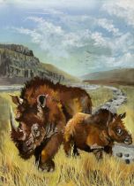 Sheila Gertrude Mackie (Northern British 1928-2010): Sumatran Rhinoceros Mother and Calf in the Plai