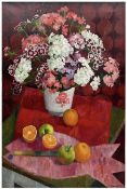 Sheila Catherine Bownas (British 1922-2007): Still Life of Phlox Flowers in a Vase and Cut Fruit