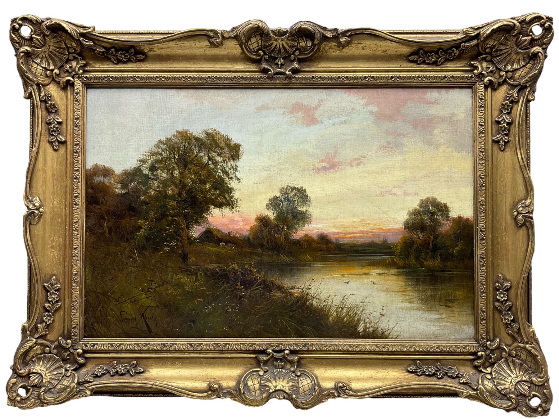 Percy King (British 19th century): Sunset over a Woodland Lake - Image 2 of 2