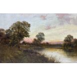 Percy King (British 19th century): Sunset over a Woodland Lake