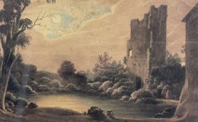 English School (18th/19th century): Castle Ruin Beside Lake