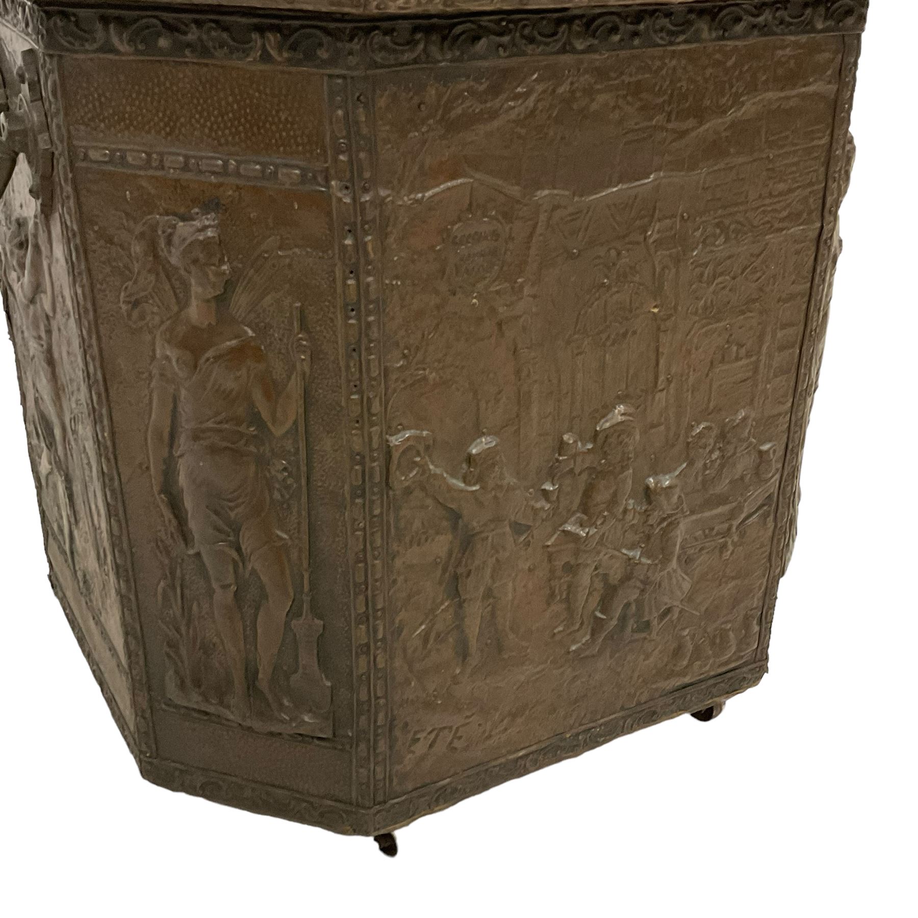 Large 19th century wooden and brass repousse coal box - Image 5 of 7