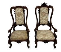 Pair of late 19th to early 20th century Anglo-Chinese hardwood open armchairs