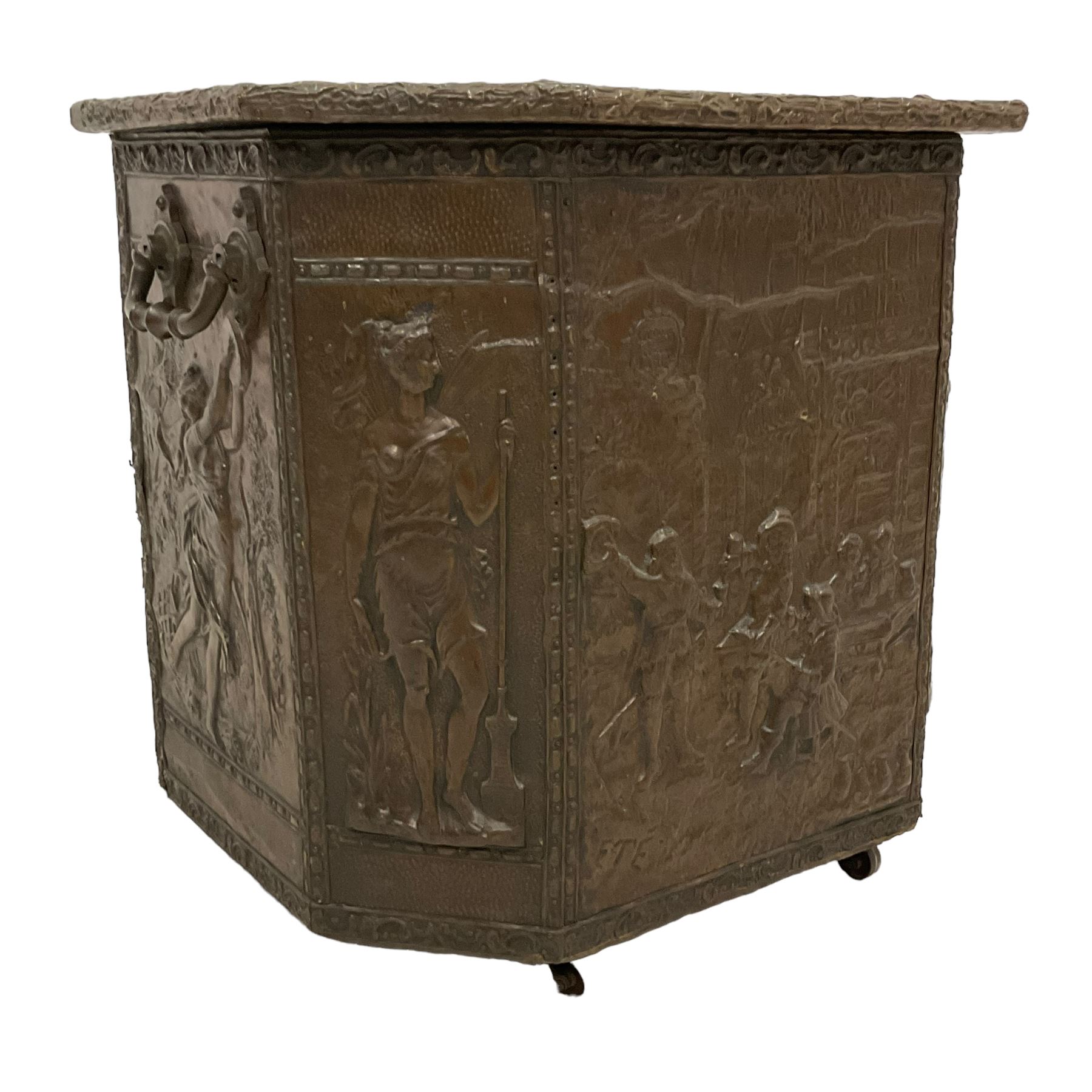 Large 19th century wooden and brass repousse coal box - Image 3 of 7