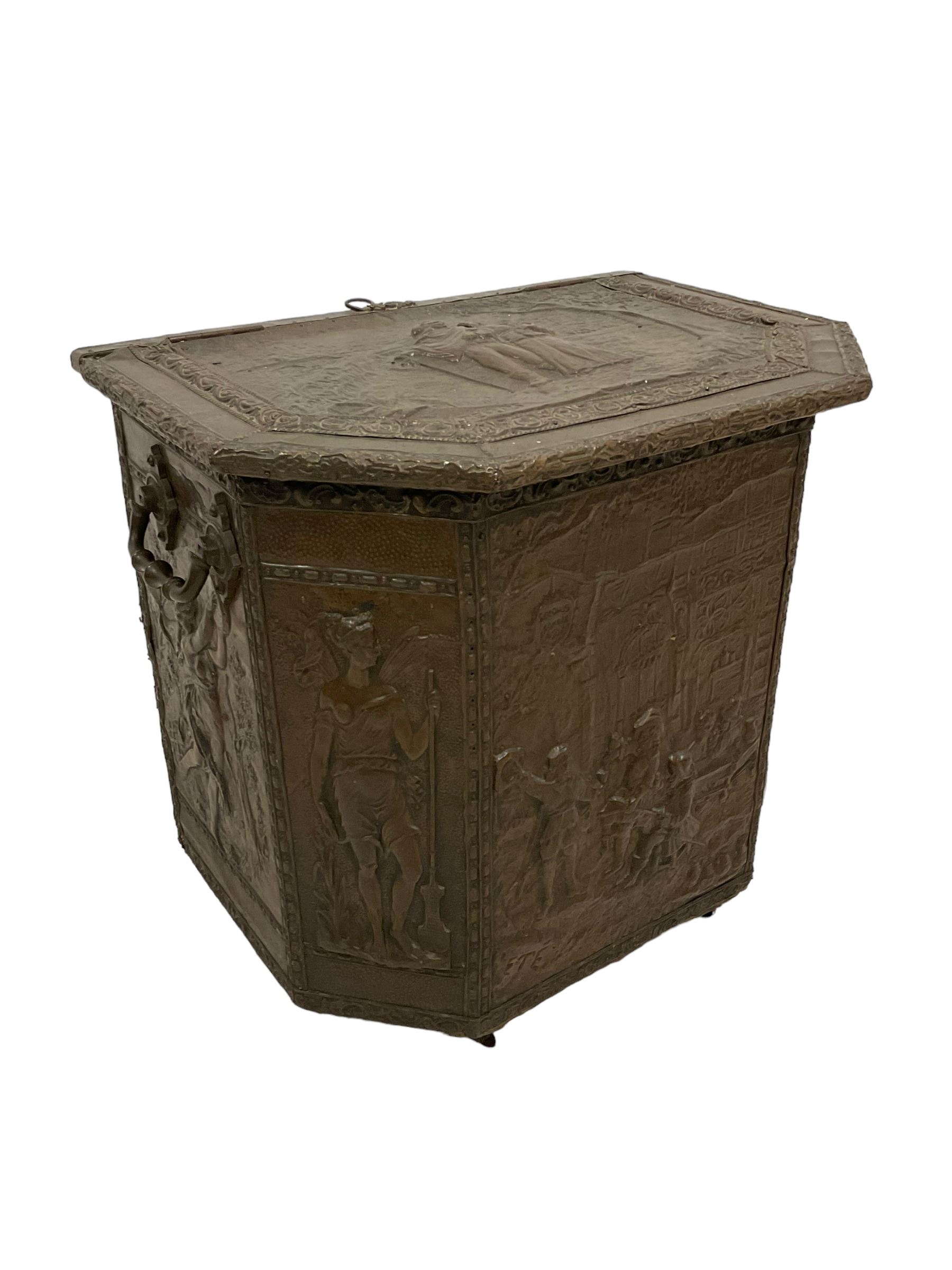 Large 19th century wooden and brass repousse coal box - Image 2 of 7