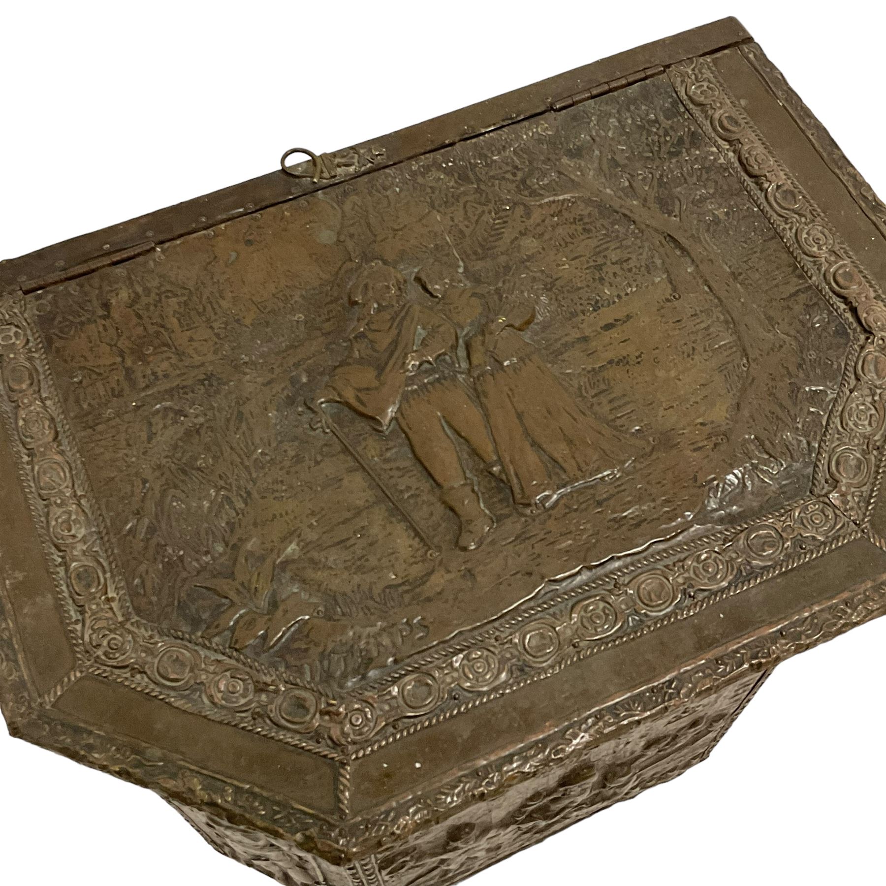 Large 19th century wooden and brass repousse coal box - Image 6 of 7