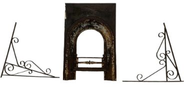 19th century cast iron fire place inset (W61cm x H93cm) and a pair of wrought metal wall brackets wi