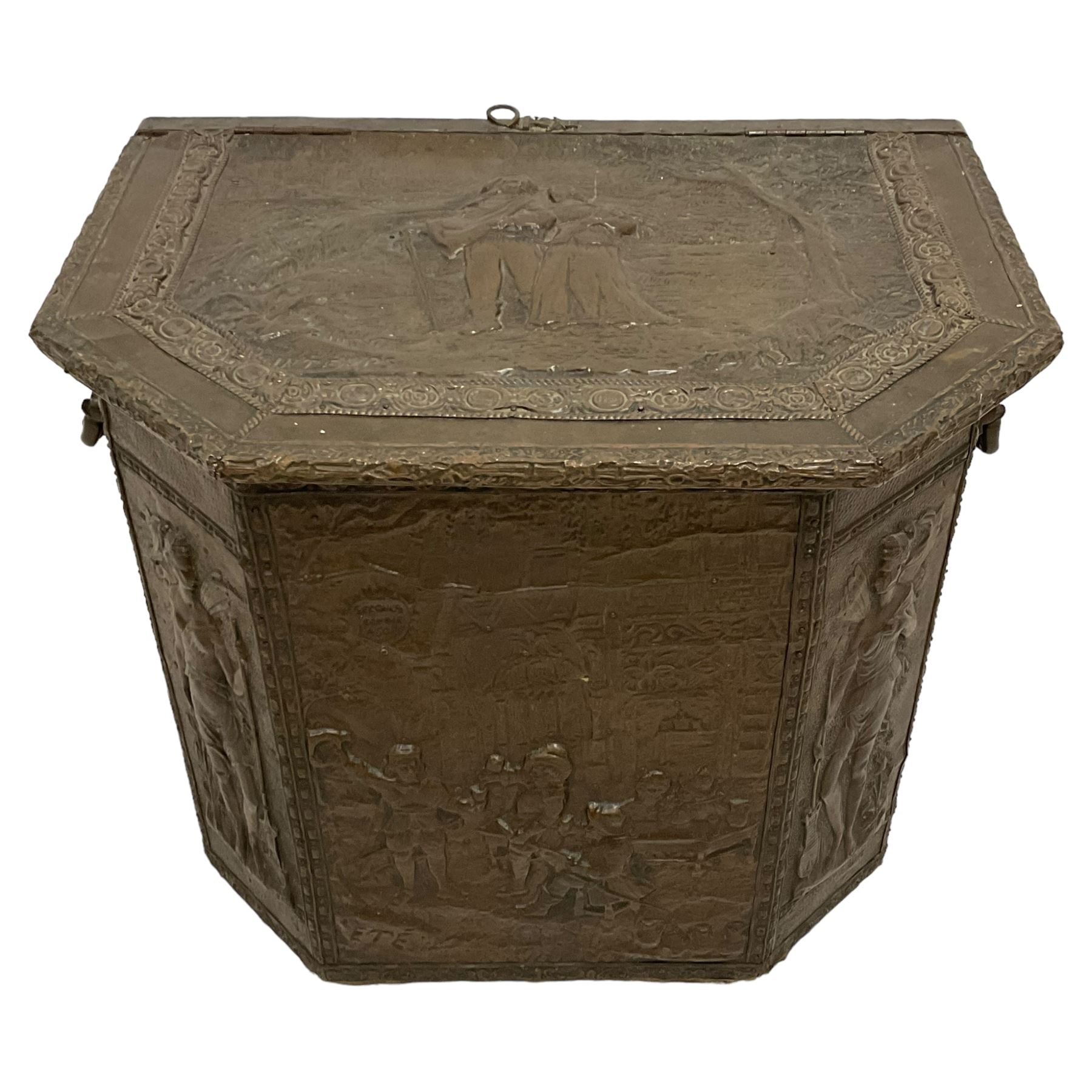 Large 19th century wooden and brass repousse coal box