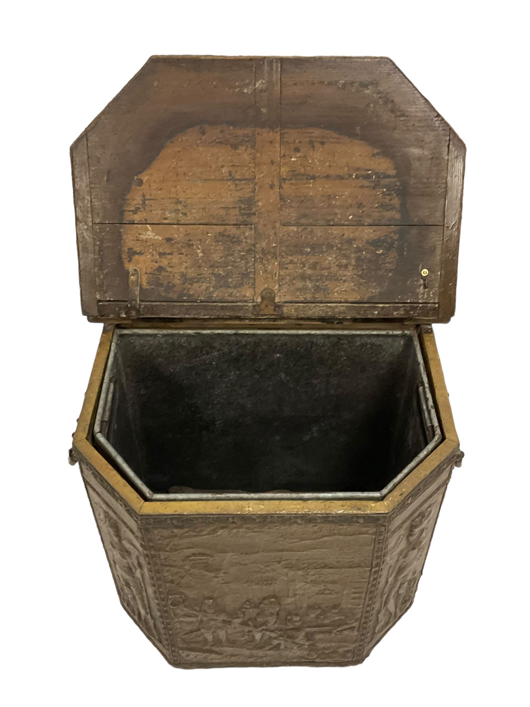 Large 19th century wooden and brass repousse coal box - Image 7 of 7
