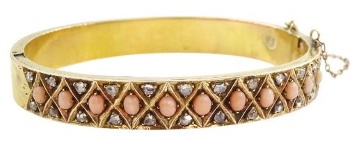 Victorian 15ct gold coral and rose cut diamond hinged bangle