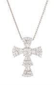 18ct white gold round brilliant cut and tapered baguette cut diamond cross pendant necklace