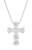 18ct white gold round brilliant cut and tapered baguette cut diamond cross pendant necklace