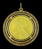 Austria 1914 restrike four ducat gold coin loose mounted in an 18ct gold fancy frame as a pendant