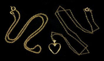 9ct gold fancy rope chain necklace and a 9ct gold heart pendant on chain