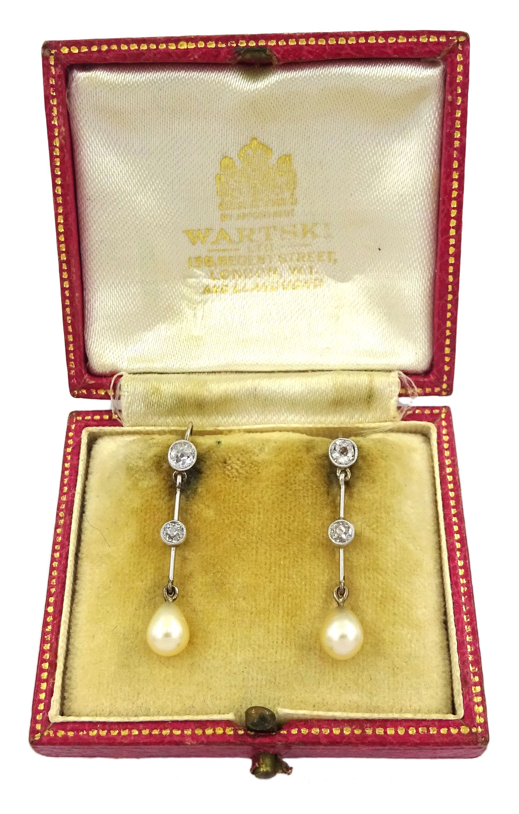 Pair of gold and platinum early 20th century old cut diamond and pearl pendant earrings - Image 2 of 3