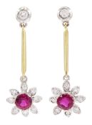 Pair of 18ct gold ruby and diamond floral cluster pendant earrings