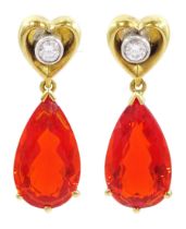 Pair of 18ct gold fire opal and diamond pendant earrings