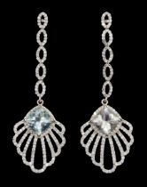 Pair of silver and gold aquamarine and round brilliant cut diamond openwork pendant stud earrings