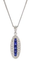 18ct white gold milgrain set calibre cut sapphire and round brilliant cut diamond pendant necklace