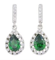 Pair of silver green stone and cubic zirconia pendant stud earrings